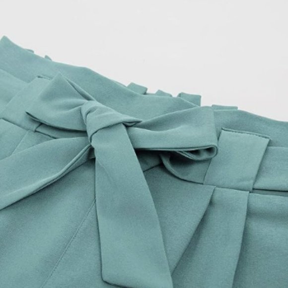 Grace Karin Smoke Blue Paper Bag Waist Cropped Pencil Pant with Tie Ankle - Picture 3 of 5